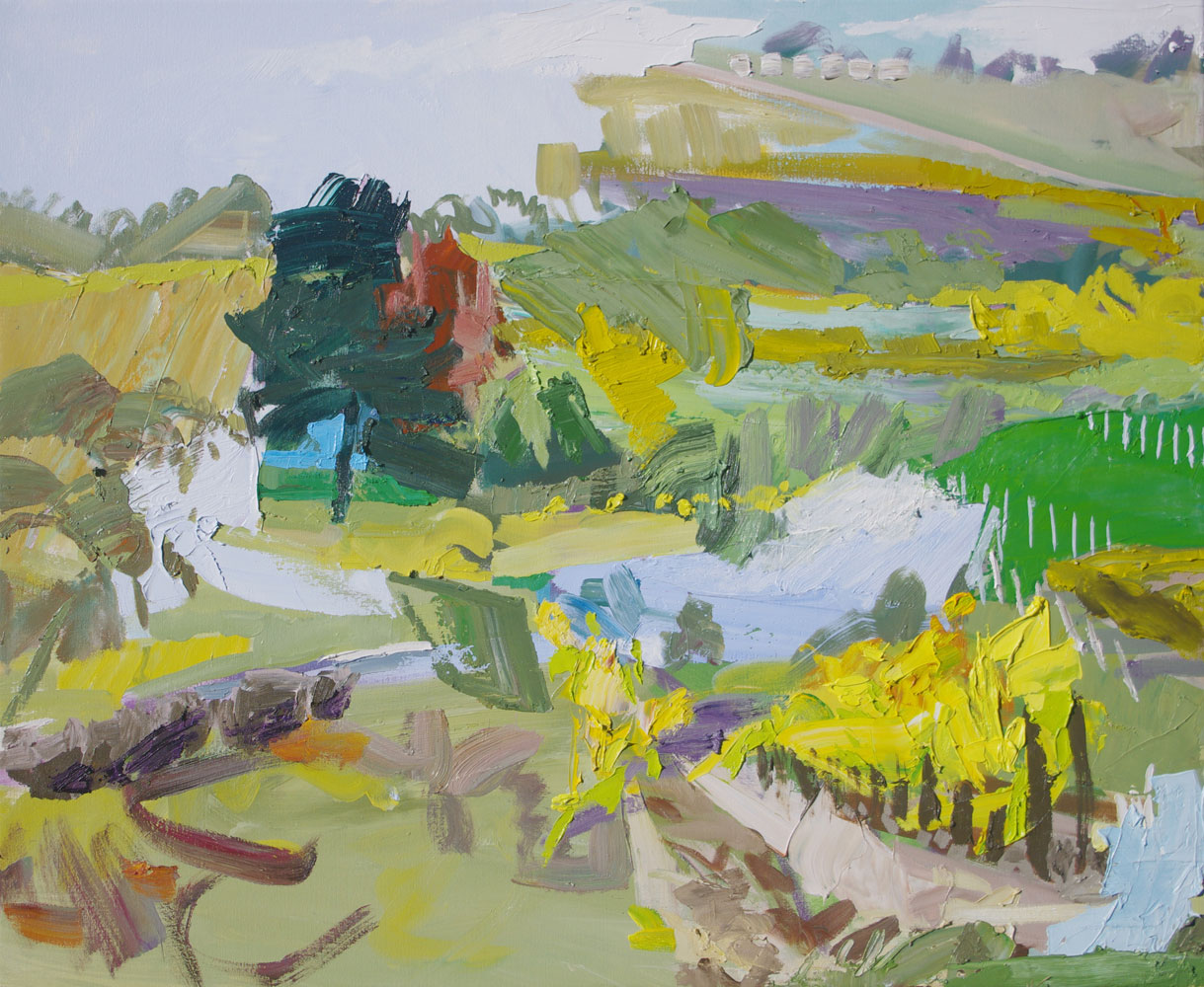Abstract Landscape oil painting of vineyards by Lise Temple