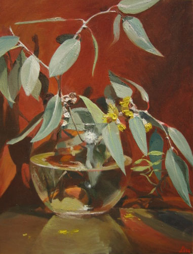 Still life painting, eucalyptus flowers by Australian artist Lise Temple
