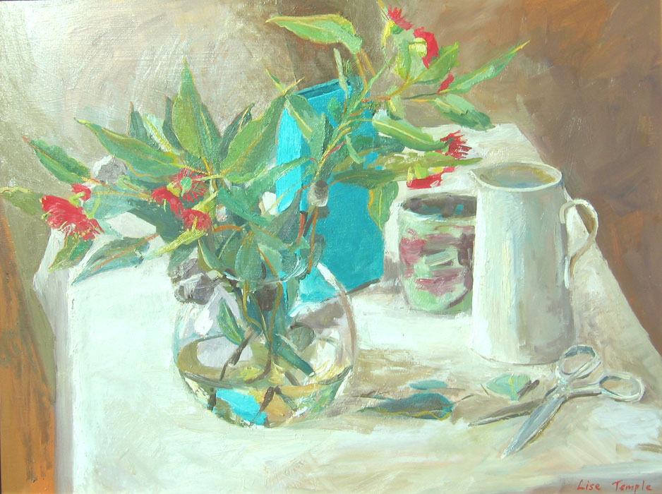 Still life painting, eucalyptus flowers by Australian artist Lise Temple